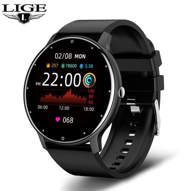 The LIGE smartwatch with a 1.28 inch screen, IP67 water protection, a step counter and a pulsometer Silicone belt black
