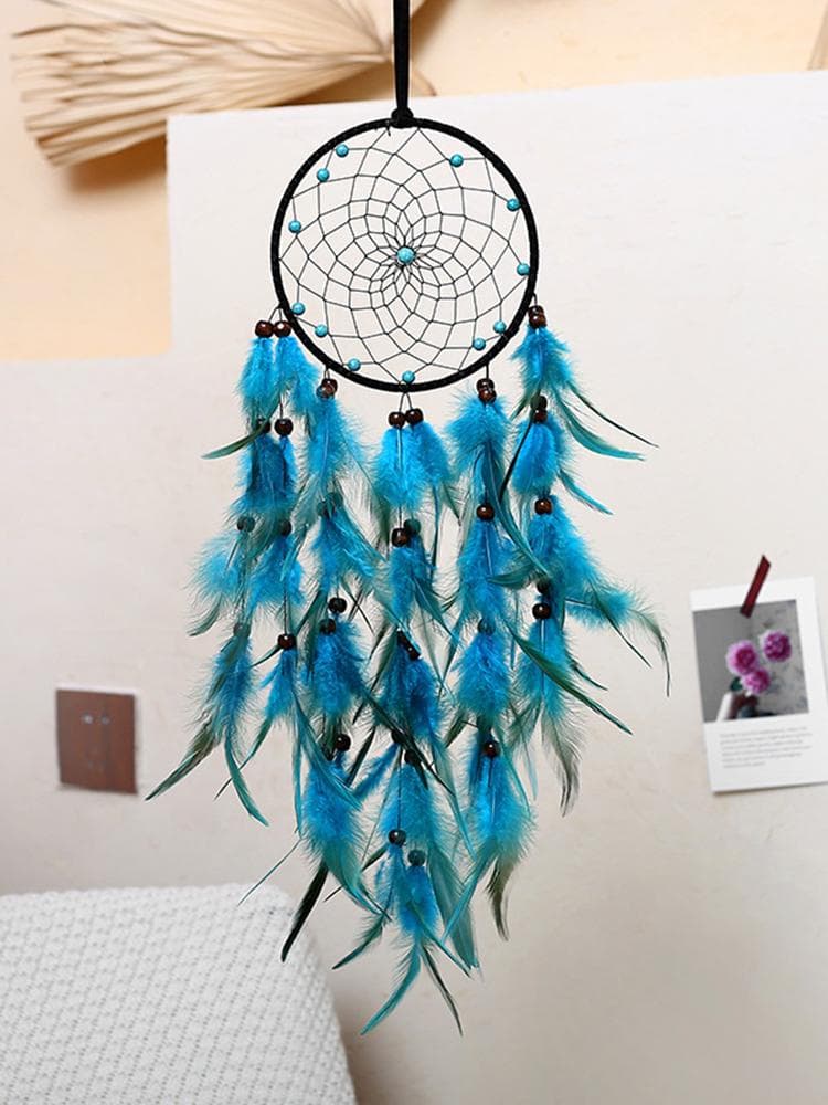Nordic Dream Catcher Hand-woven Wind Chime Bohemian Feather Hanging Ornament Wall Decor Birthday Gift Bedroom Home Decoration blue