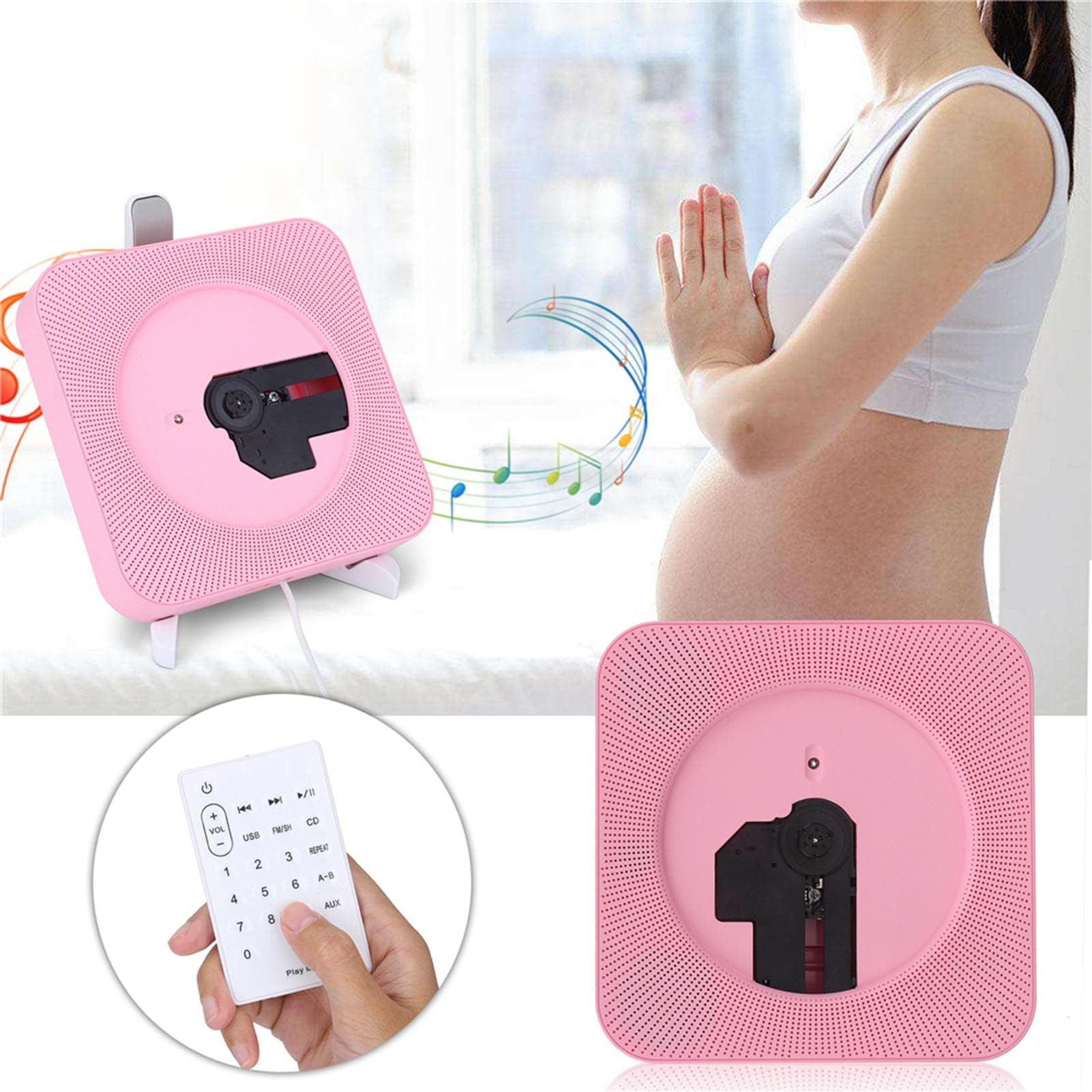 Portable Wall Mounted Bluetooth Remote Control CD MP3 Player FM Radio with (Pink) US Plug pink