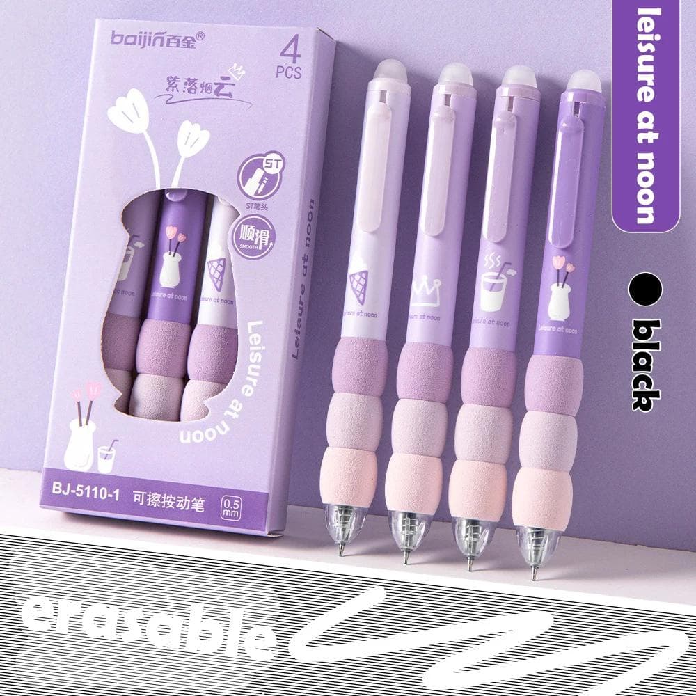 4Pcs Purple Cloud Grip Erasable Press Gel Pen,Quick Drying Ballpoint Pen 0.5mm For purple