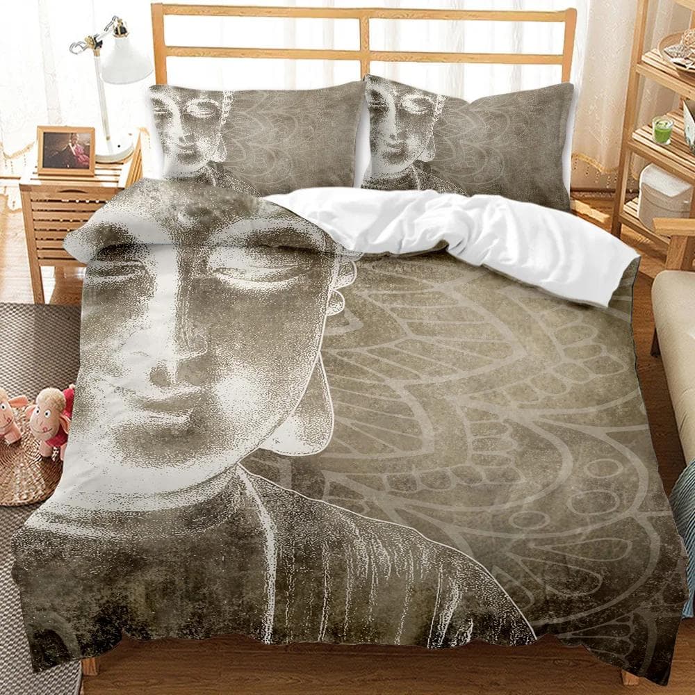 Buddha Statue Duvet Cover Set King/Queen Size,Exotic Golden Buddha Lotus Flowers Comforter Cover Adults Polyester Bedding Set EU single(135x200cm)
