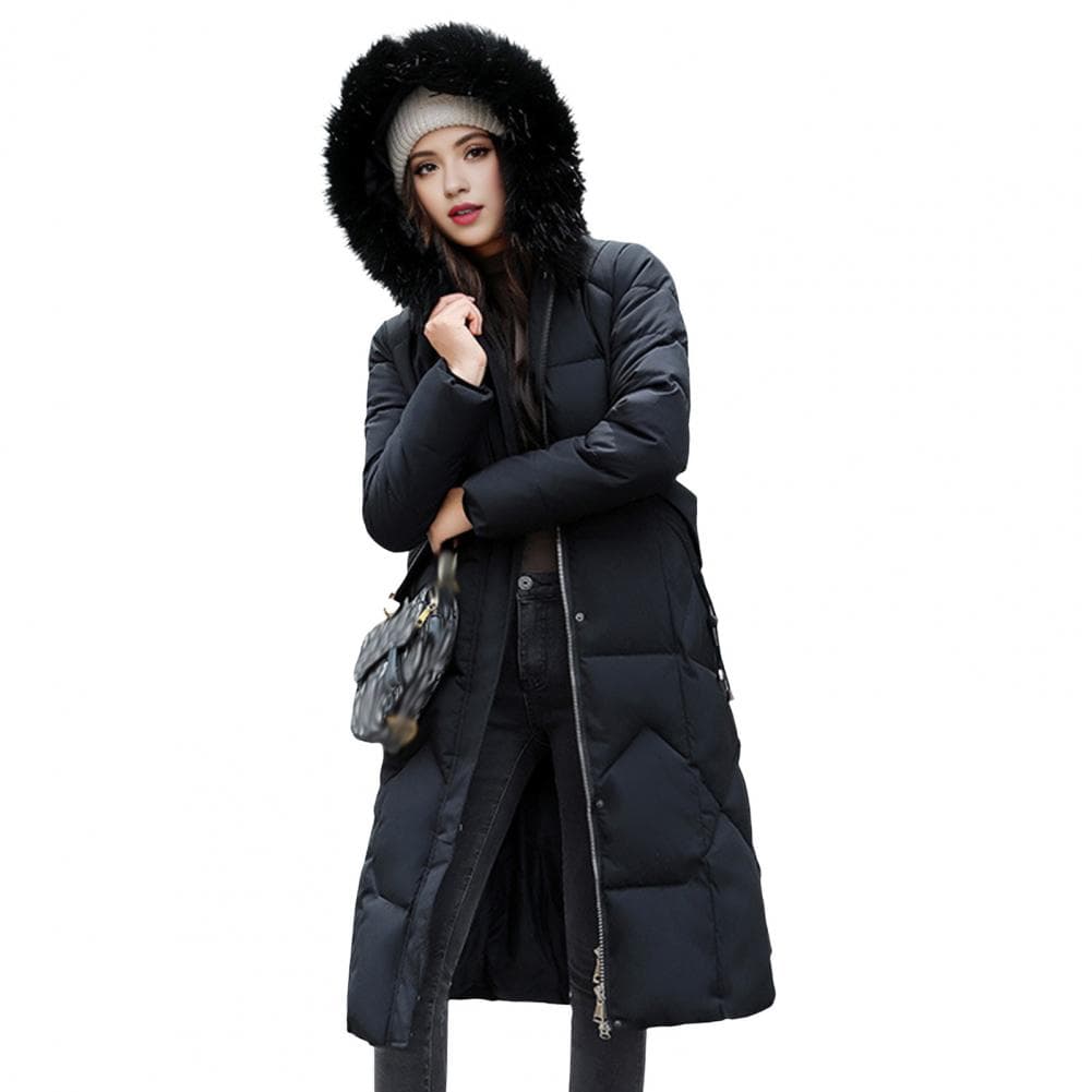 Winter Women Jacket Furry Hood Long Sleeves Pockets Knee Length Zipper And Button Closure Slim Waist Cotton Coat Mid Length Soli L black