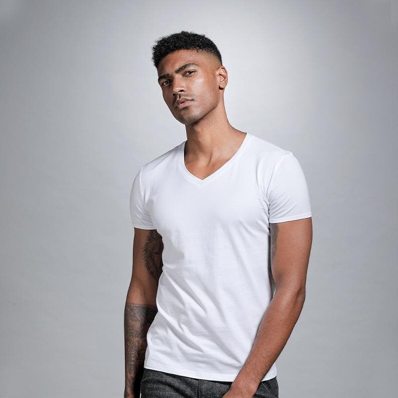 Men's Slim Fit Solid V-Neck White T-Shirt - Short-Sleeved, Sweetheart Collar, Tight Bottoming Shirt XL