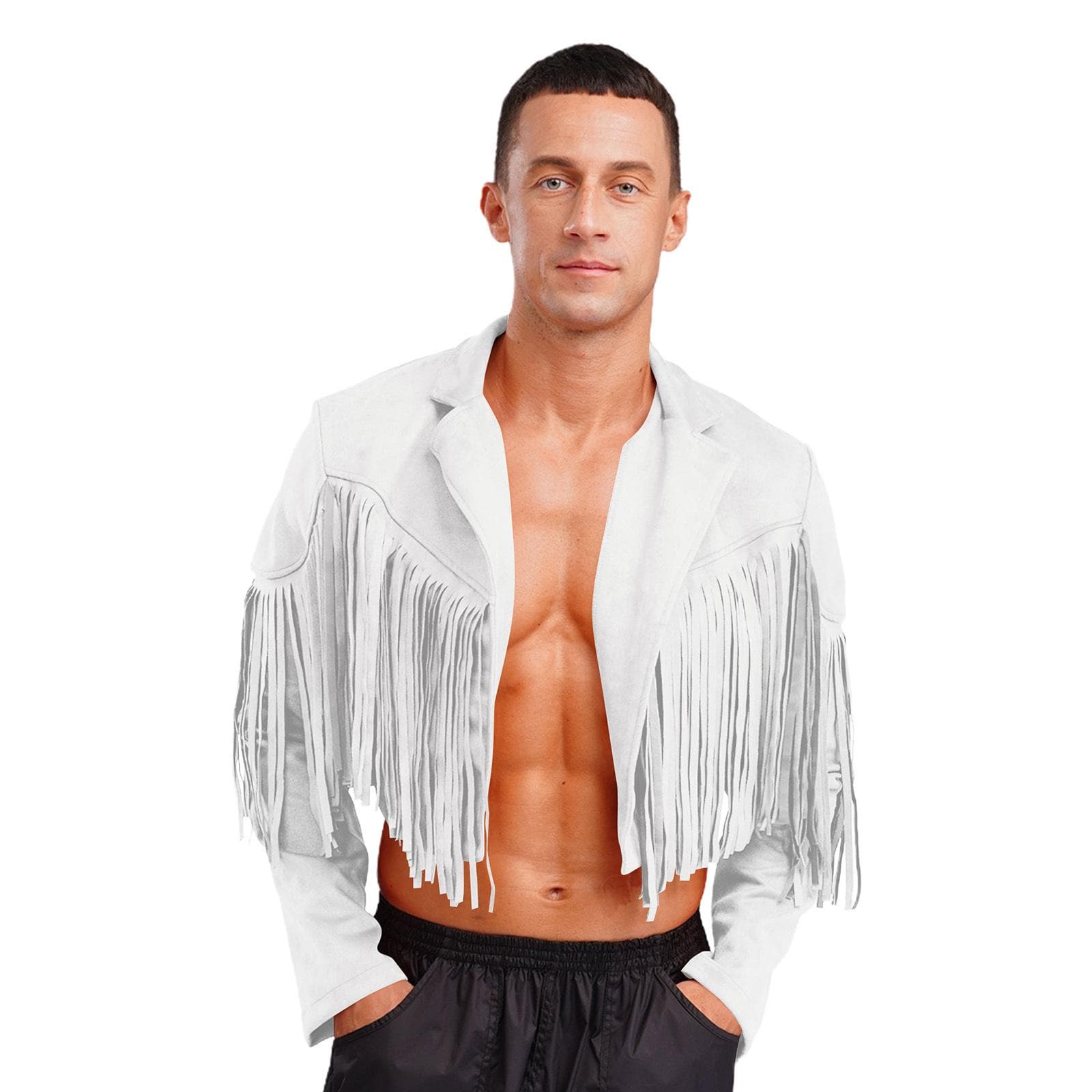 Mens Faux Suede 80s Hippie Cropped Jacket with Fringe Detailing Open Front Cardigan Cowboy Style L white