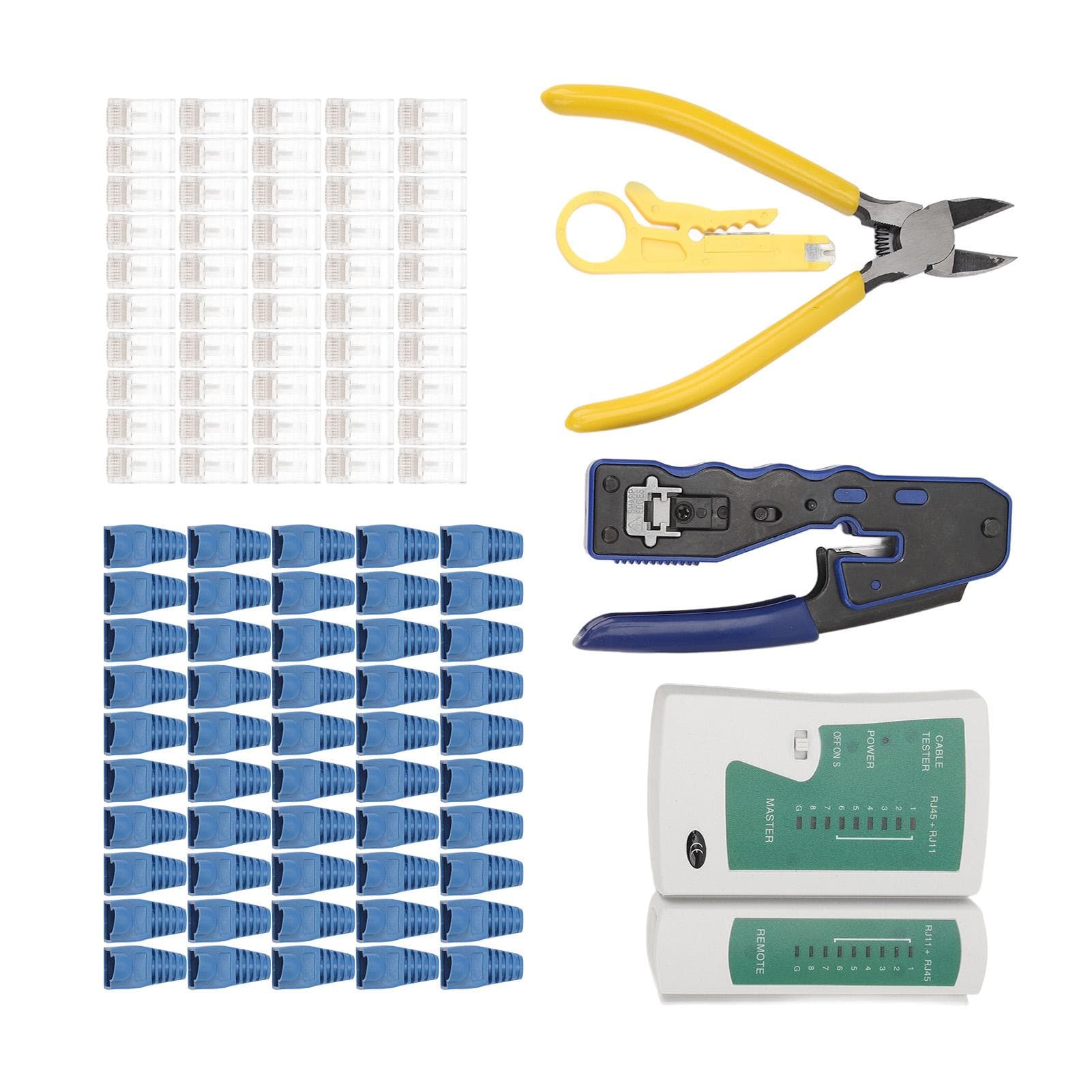 Network Cable Tester RJ45 Crimper Crimping Tool Kit Wire Stripper with 50PCS Pass Through