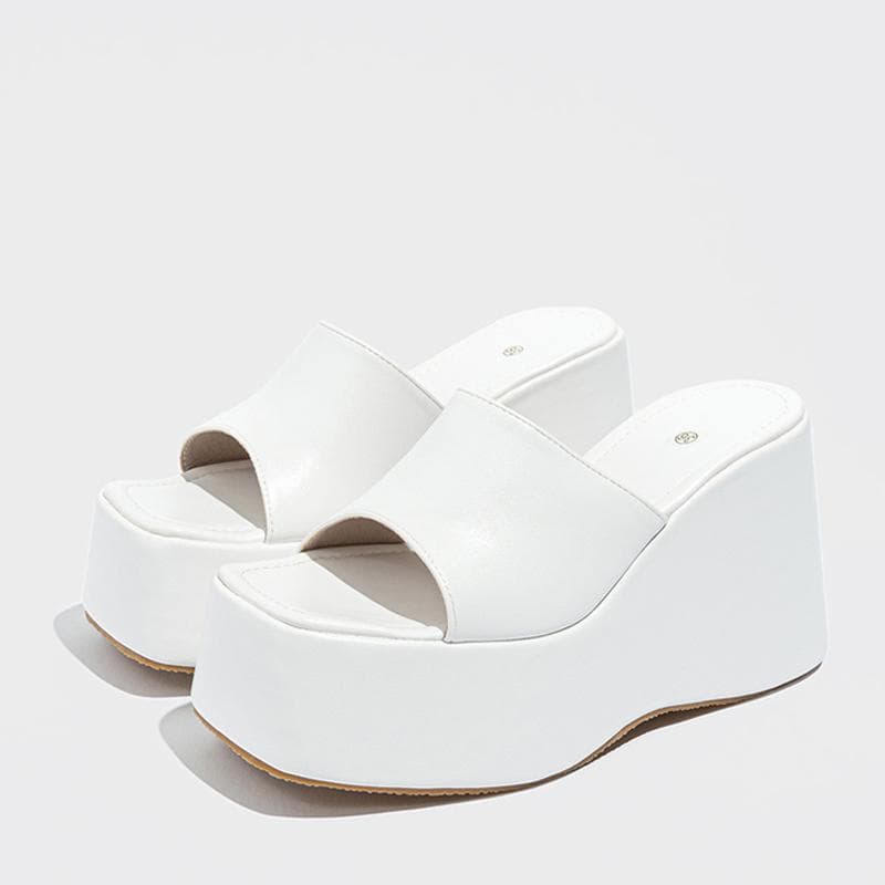 Liyke Designer Open Toe Wedges Slippers For Women Cozy Soft Pink Leather Chunky Platform Sandals Female Shoes High Heels Slides 35 white
