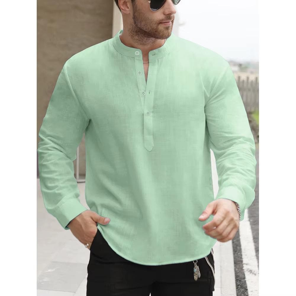 Premium White Cotton Linen Henley Shirts for Men Lightweight Long Sleeve Casual Streetwear Everyday Wear US M 60-70 KG green