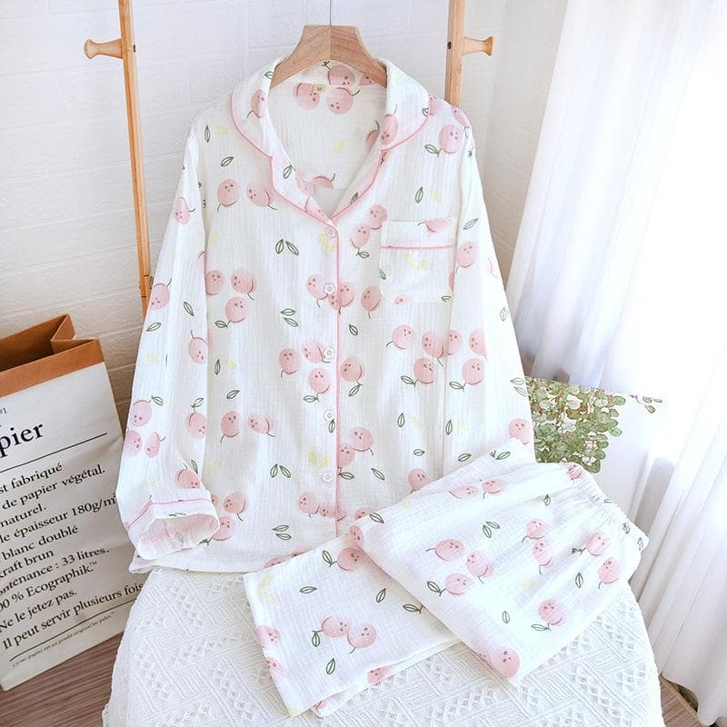 Women's Spring and Summer Printed Pajamas Set 100% Cotton Thin Long-sleeved Two-piece Set Fresh and Sweet Cardigan 2XL white