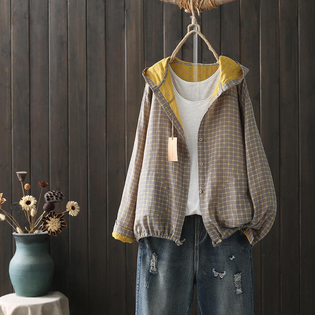 Large size blouses for women autumn spring hooded long sleeve single-breasted shirts adjustable women's clothing One Size yellow