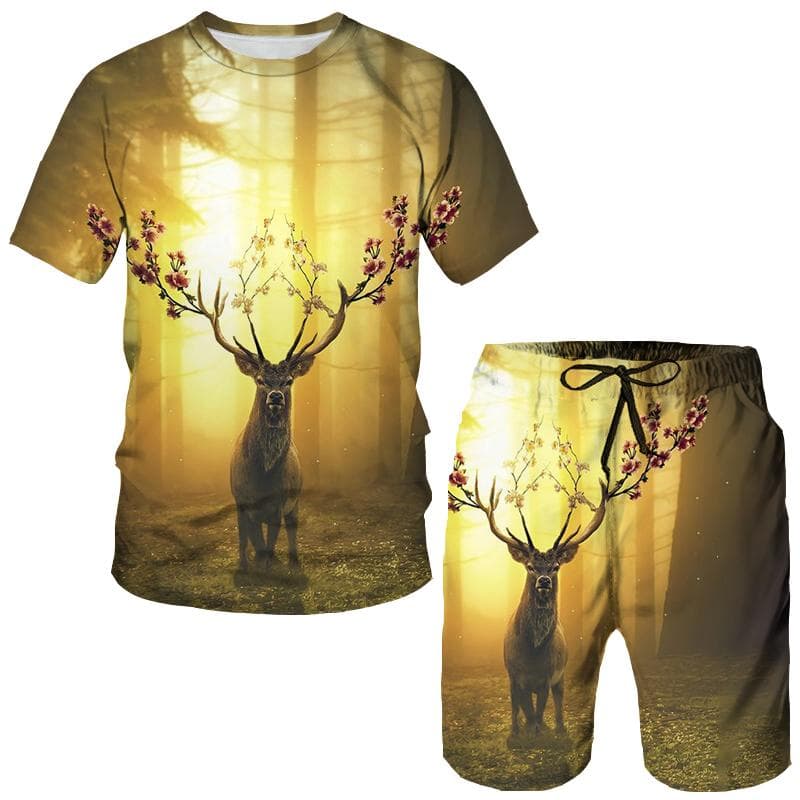 Animal Deer Forest 3D Print T-Shirts Shorts Sets Men's Tracksuits Oversized Short Sleeve T Shirt Pants Set Man Suits Clothing L