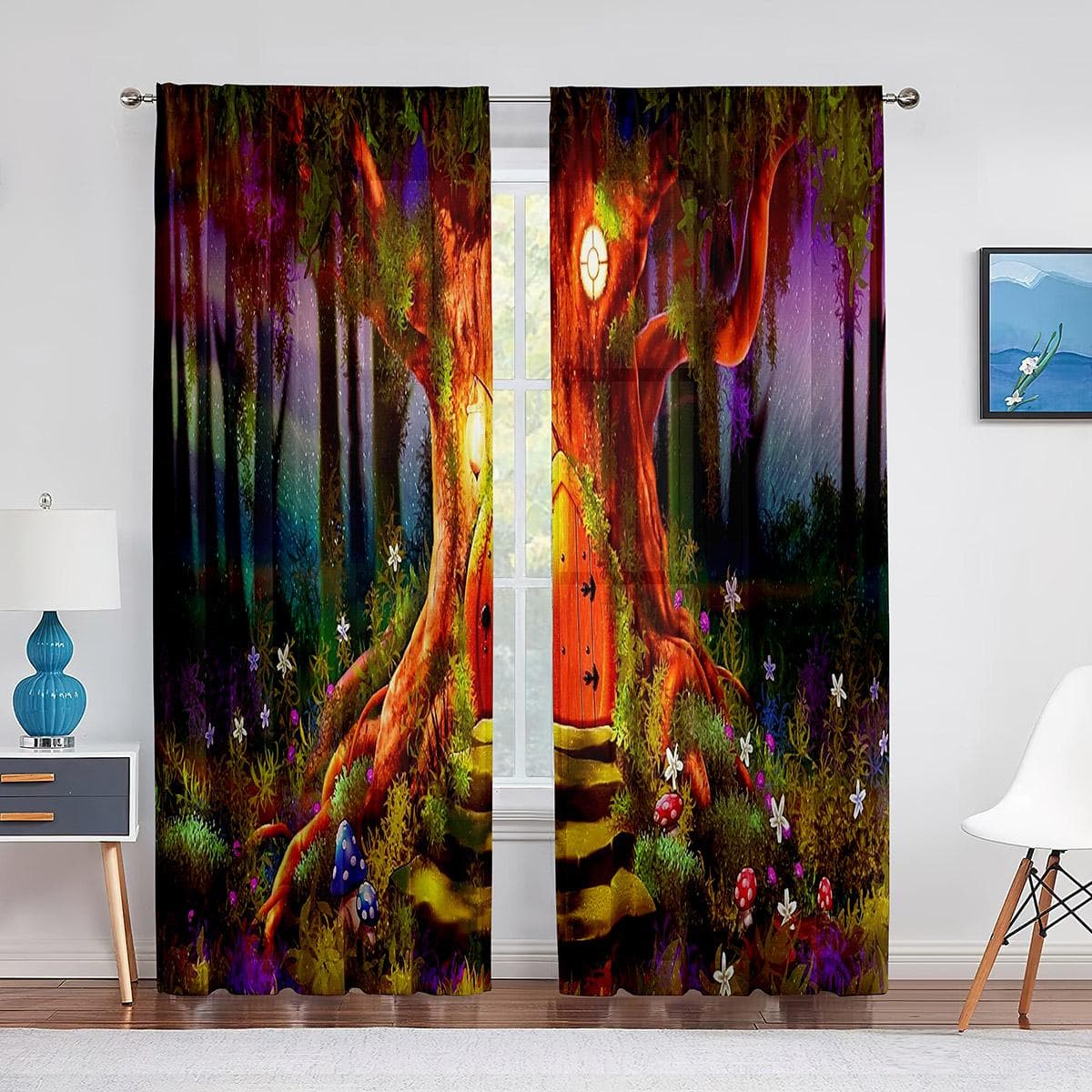 Forest Fairy Tales Lanterns and Fantasy Large Tree Tulle Curtains for Living Room Bedroom Decoration Chiffon Sheer Voile Curtain 1 PCS W100XH250cm&Grommet Top