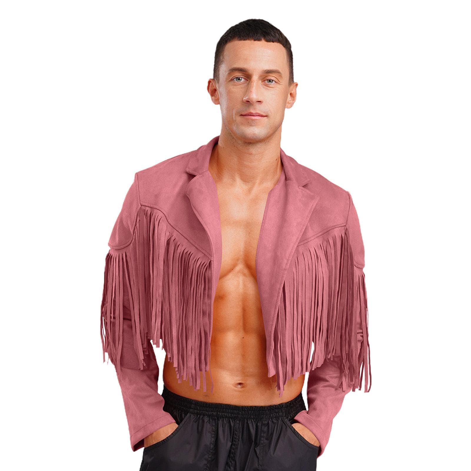 Mens Faux Suede 80s Hippie Cropped Jacket with Fringe Detailing Open Front Cardigan Cowboy Style XL pink
