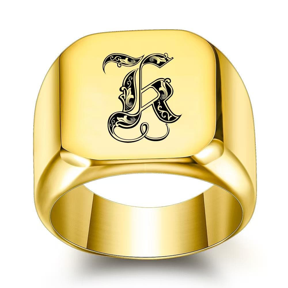 Retro Initials Signet Ring for Men Bulky Heavy Stamp Male Band Stainless Steel Letters Jewelry 7