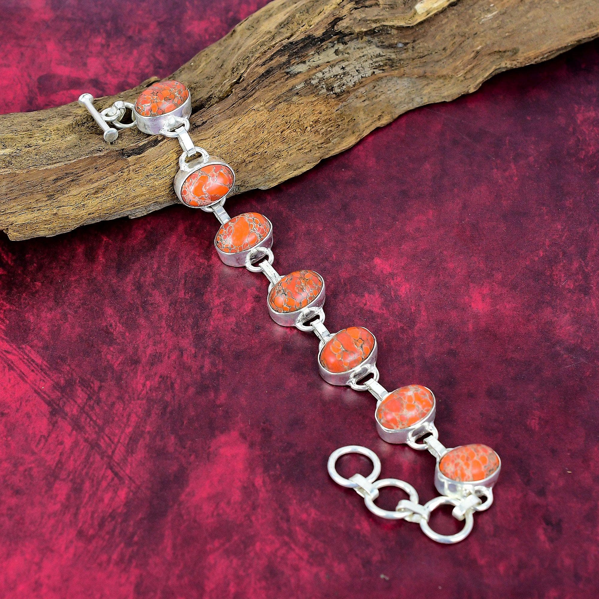 Orange Sea Sediment 925 Solid Sterling Silver Bracelet with Adjustable Chain, Handmade Gemstone Jewelry Bracelet For Memorial Day Adjustable With 8 Inches
