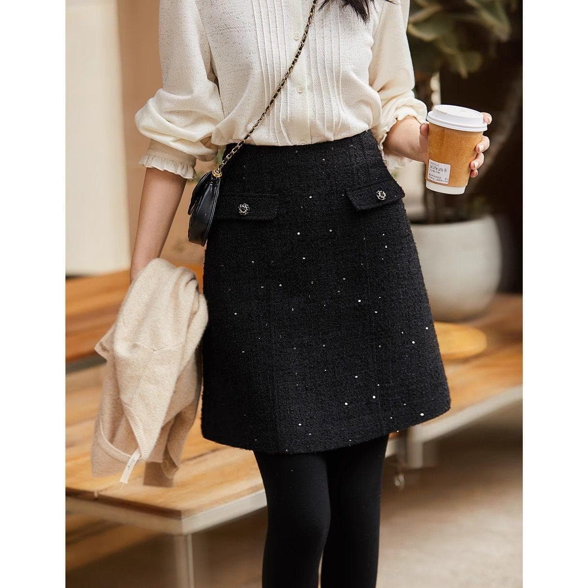 Black Thin Glittering Small Fragrance Skirt High Waist A-line Short Skirt New Style 2XL black