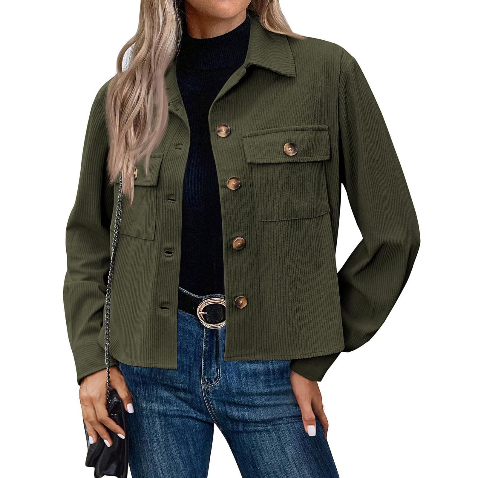 Women's Solid Color Casual Short Corduroy Button Jacket XL army green