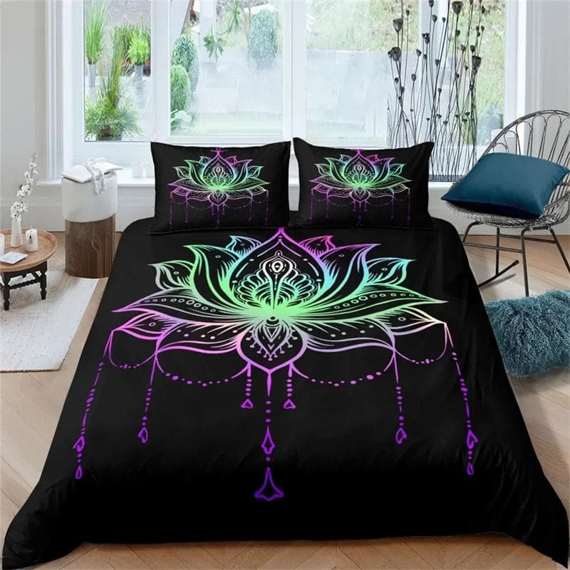 2/3pcs Bed Set Bohemian Lotus Duvet Cover Set Mandala Flower Quilt Cover Adult Black Polyester Bedding Set Queen King Twin Teens 135X200cm-2pcs