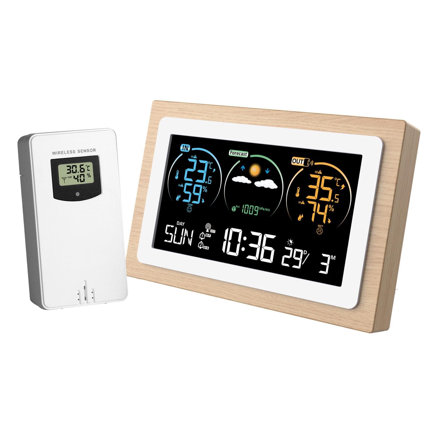 FJ3399C Smart Weather Station with Clock Indoor and Outdoor Temperature & Humidity Meter white