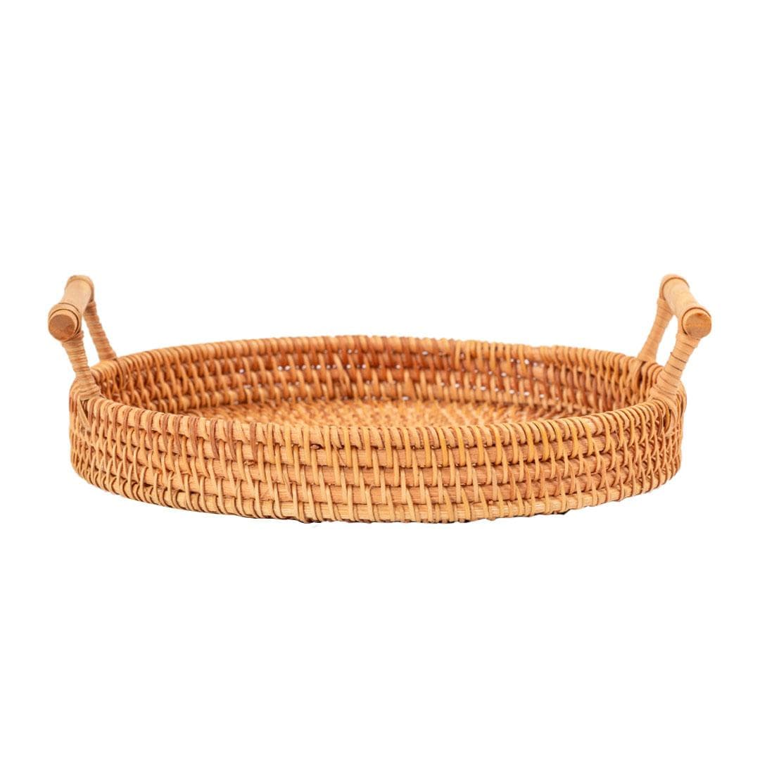 Hand Woven Round Rattan Serving Tray Bread Fruit Dessert Snack Basket with Handles Diameter 22cm