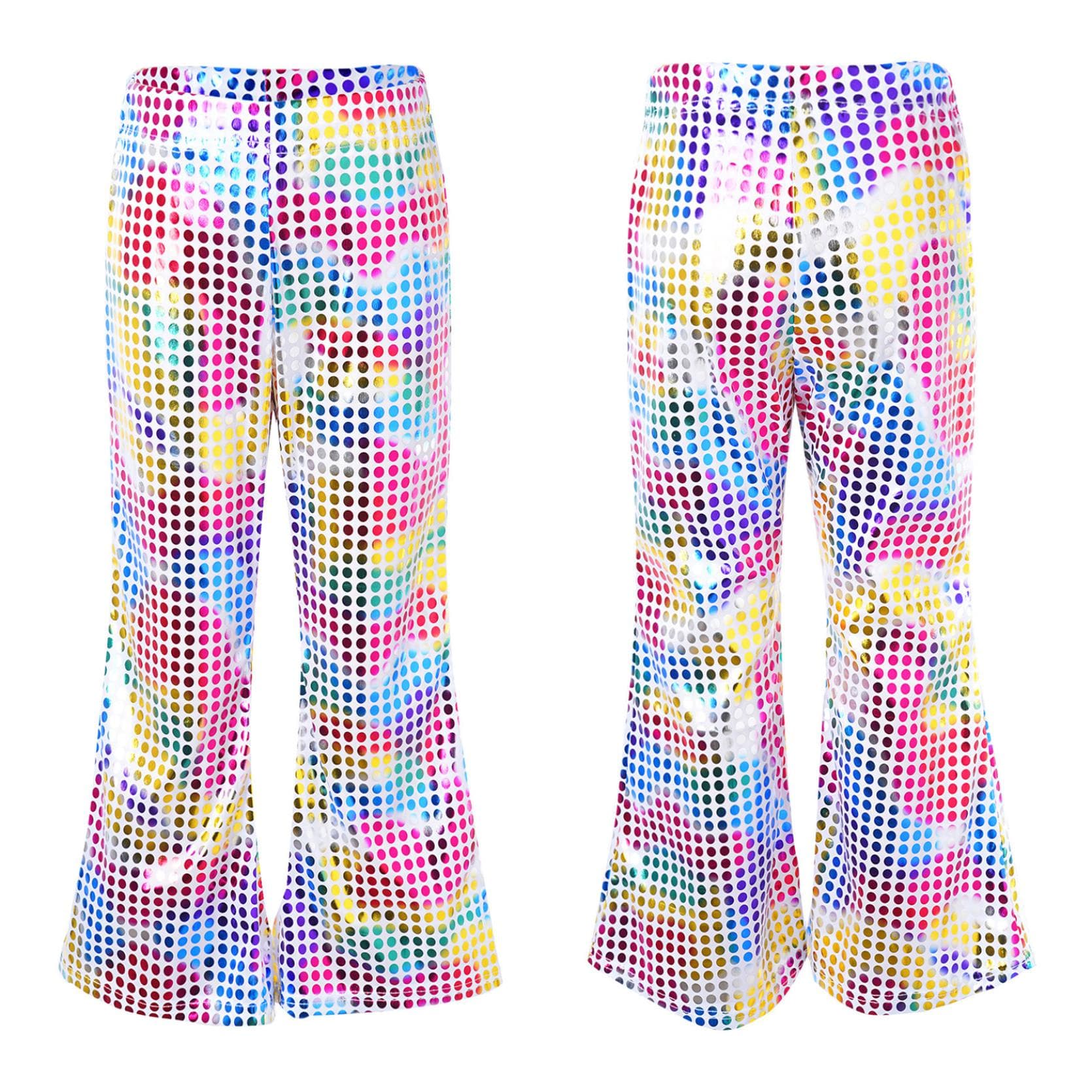 Kids Flared Pants Boys Girls Shiny Sequins Elastic Waist Bell BottomTrousers for Jazz Disco Modern Dance Stage Performance Pants 9-10 Years multicolour