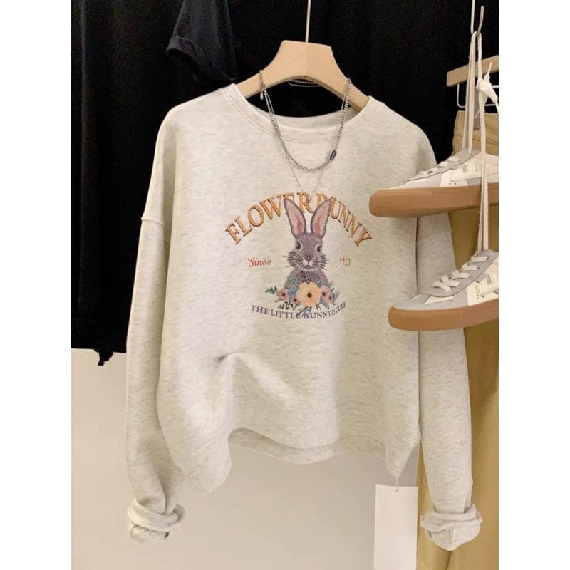 Gray Round Neck Hatless Sweatshirt Coat for Women In Autumn and Winter New Lazy Style Plus Velvet Thickened Loose Rabbit Top XXL