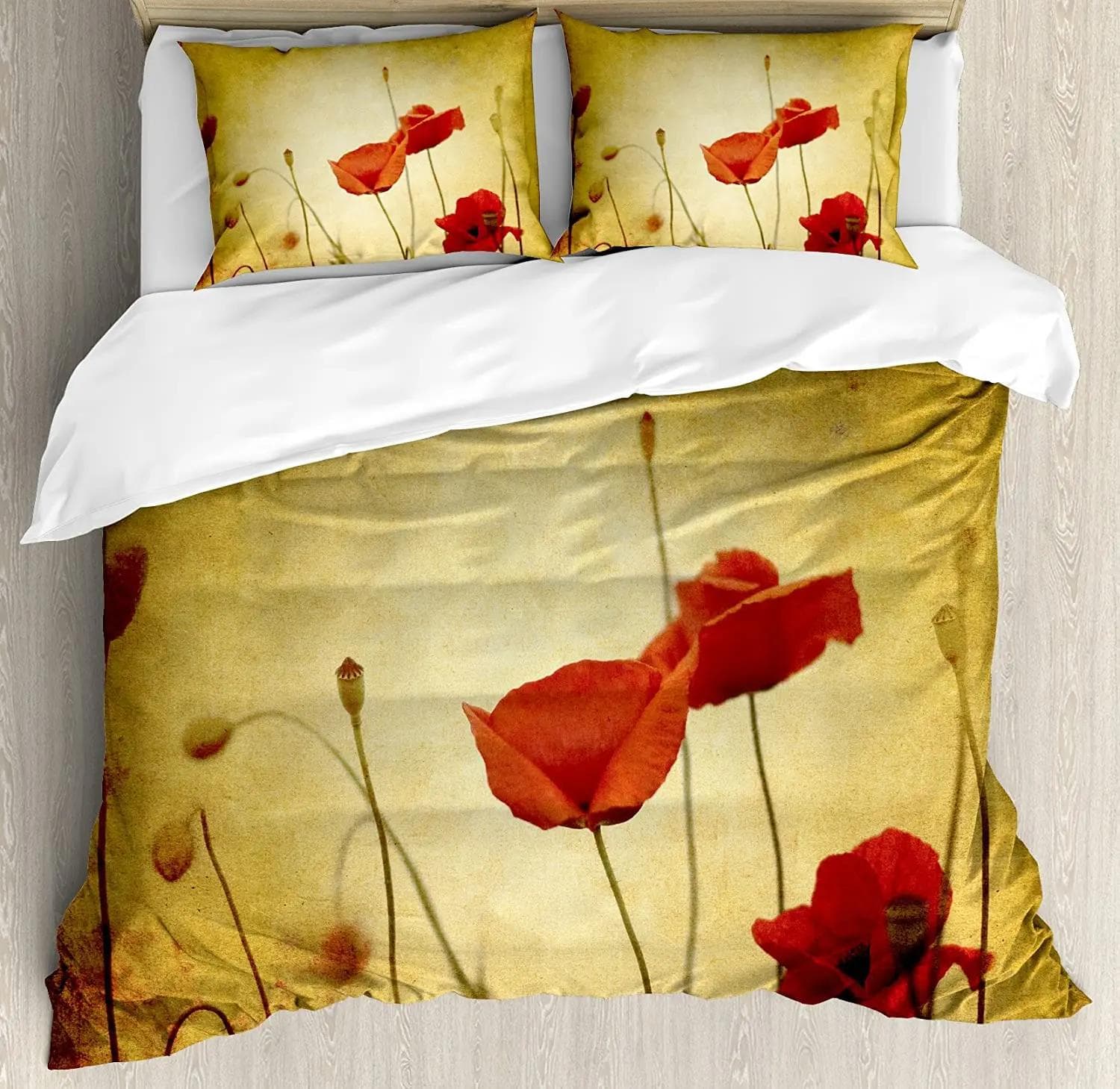 Floral Bedding Set Comforter Duvet Cover Pillow Shams Poppies of Spring Season Pastoral Flowers Bot Bedding Cover Double Bed Set US Queen(228x228cm)