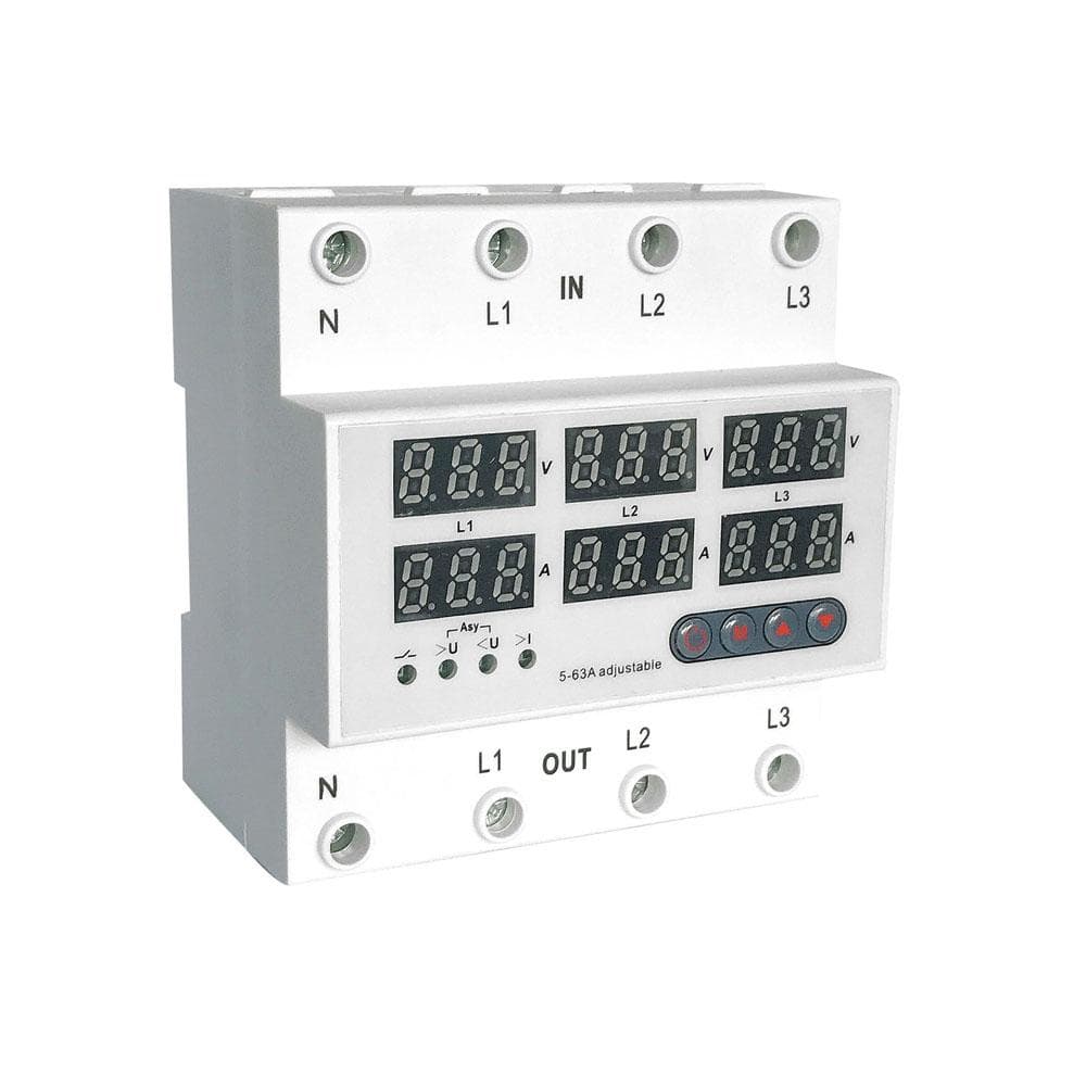 3-Phase Four-wire Din Rail Over and Under Voltage Protector 63A Multifunctional Self-resetting multicolour