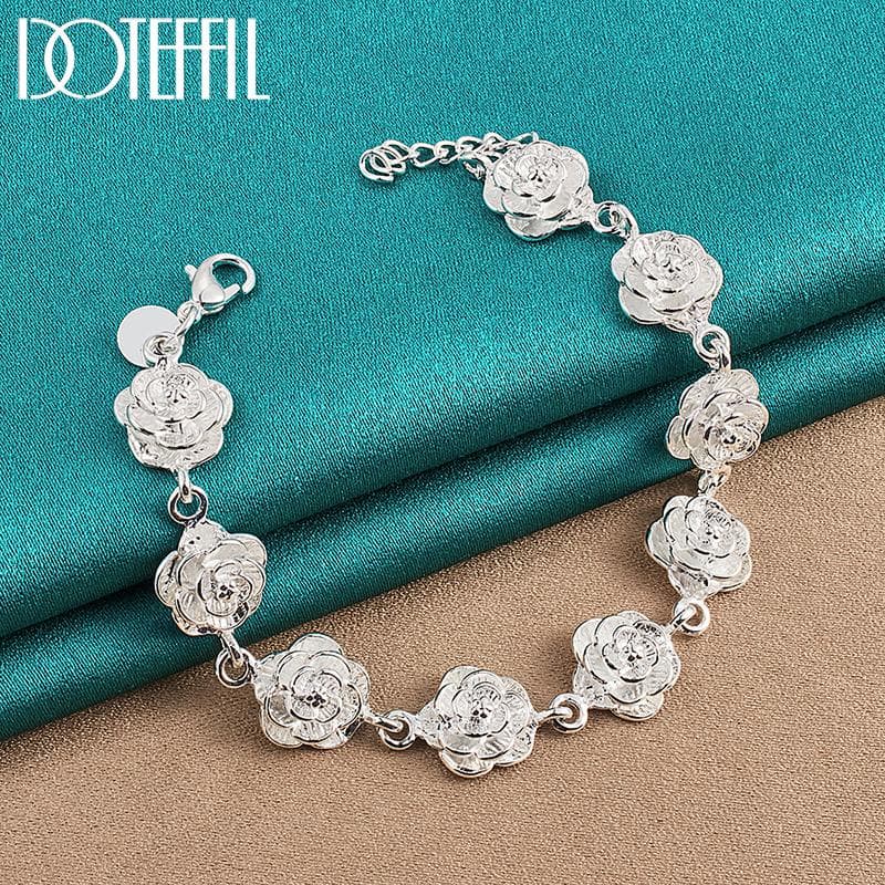 925 Sterling Silver Rose Bracelet 20cm