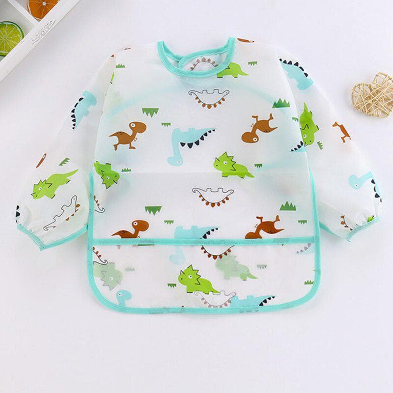 Baby Bibs Waterproof Cartoon Print Long Sleeve Apron Kids Feeding Stuff blue