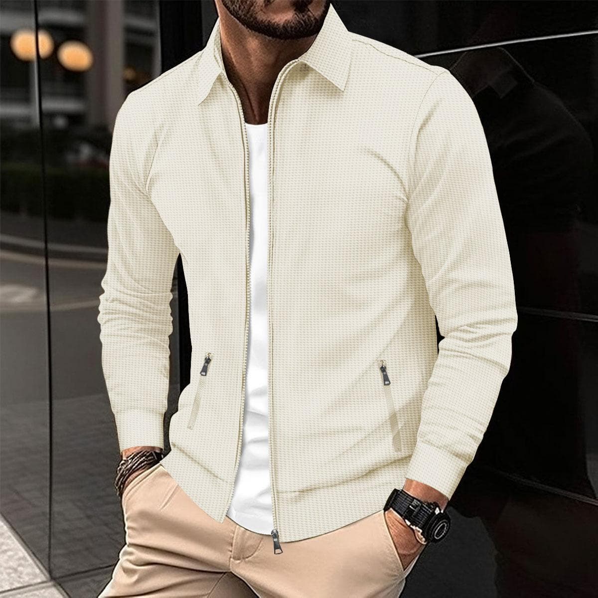 Jacket Men's Spring and Autumn Youth Waffle Zipper Pocket Lapel Slim Cardigan Men's Jacket Outer XXXL