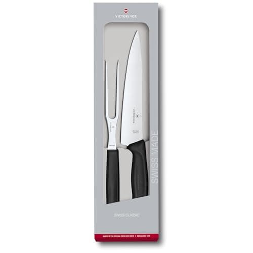 VICTORINOX Swiss Classic 6.7133.2G Dishwasher-Safe Chef's Knife and Two Forks, Gift Boxed, Black, Ideal for BBQs and Steaks, Carving Set