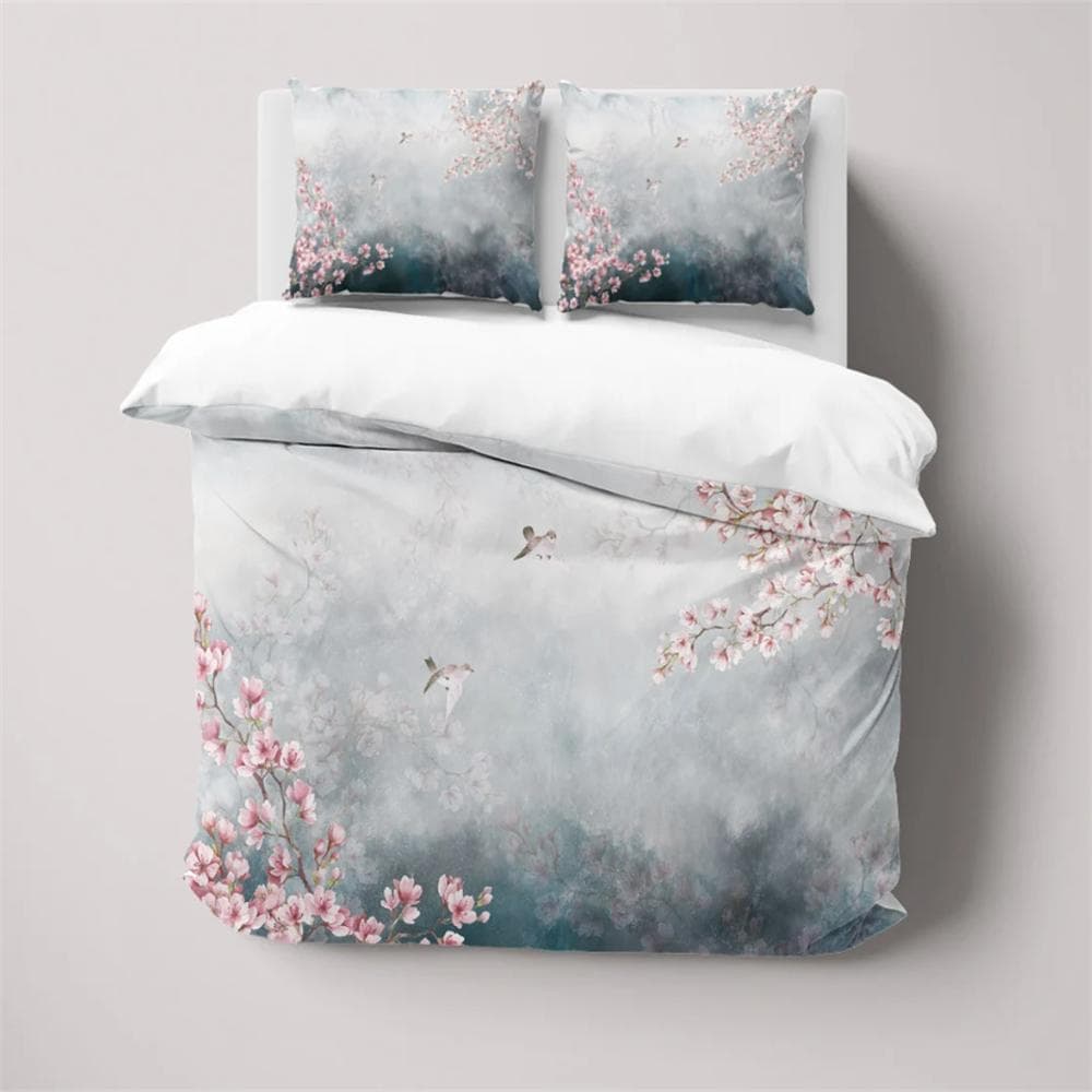 Japanese Cherry Blossom Sparrow Duvet Cover Set w Pillowcases, Grey Pink Floral Quilt Cover, Printed Single Double Queen King US US King259x229cm