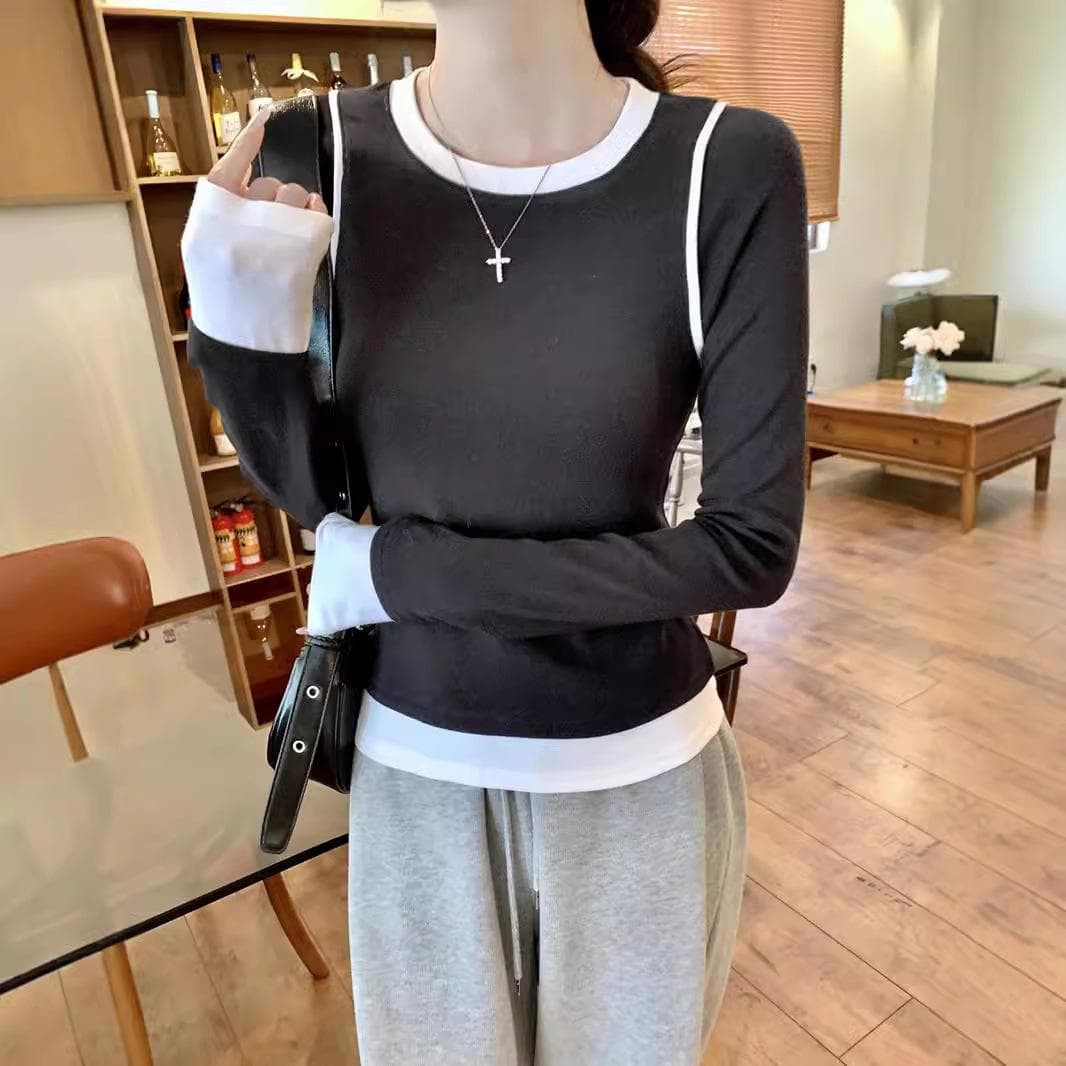Two-piece Long-sleeved T-shirt for Women's Bottom Shirt for Design, New Spring Contrasting Color Age-reducing Top 2XL grey