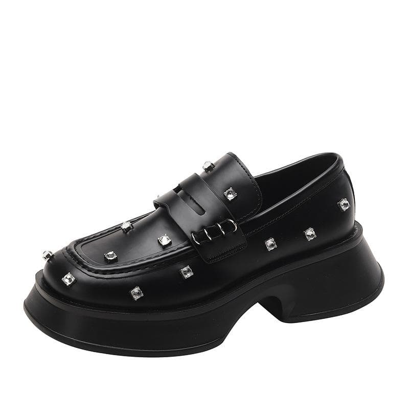 Rhinestone Thick-soled Loafers Women's Spring and Autumn New Single Shoes Retro Design Feeling Niche British Style Small Leather Shoes 40
