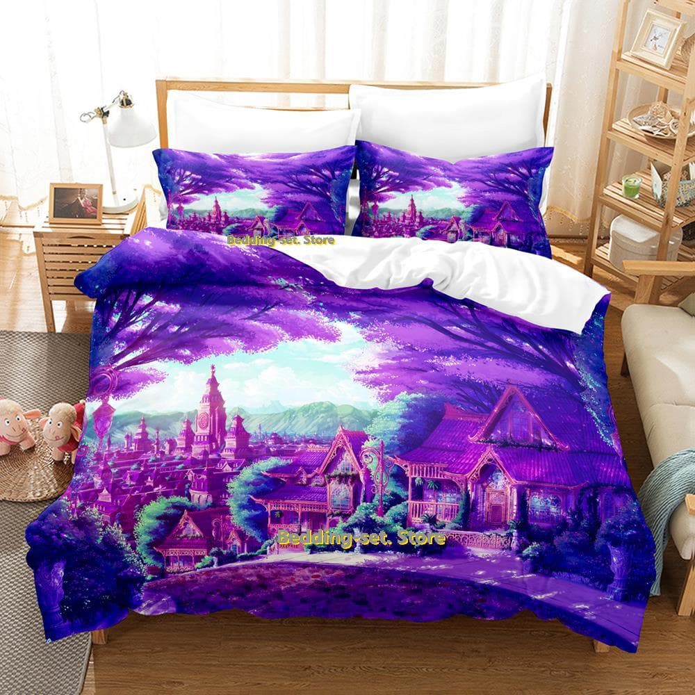 Anime City Bedding Set Single Twin Full Queen King Size Bed Set Adult Kid Bedroom Duvetcover Sets 3D Print Anime Bed Sheet EU Single(135x200cm)