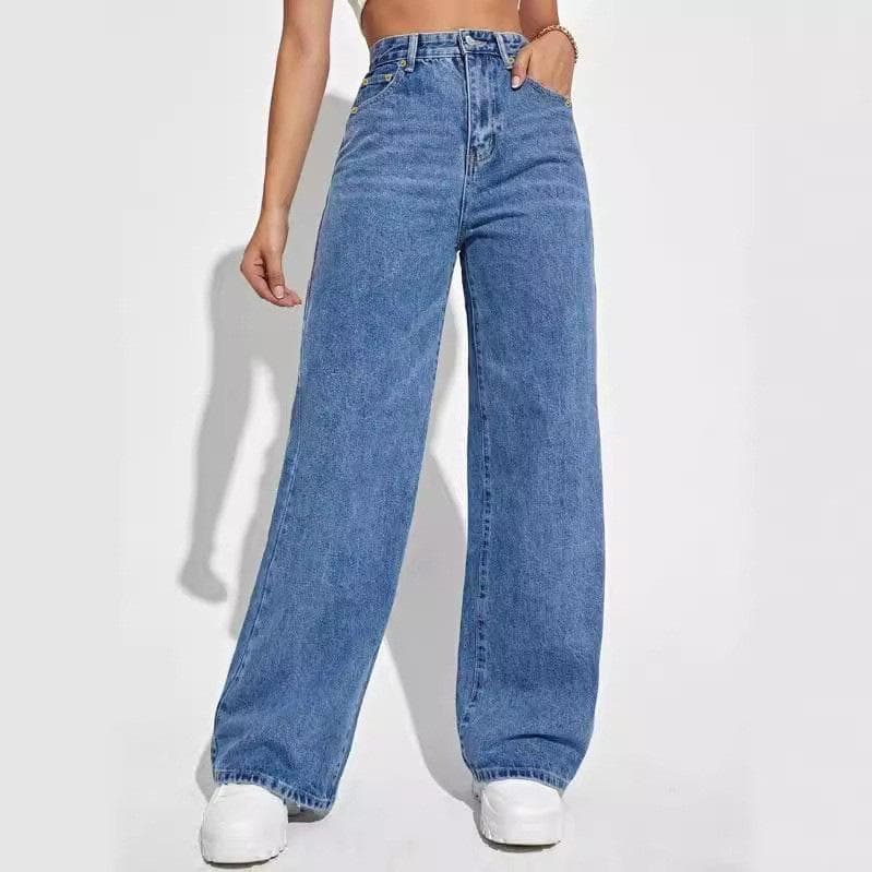 Fashion High Waist Straight Jeans Women Autumn Blue Casual Loose Wide Leg Jeans Trousers Striped Palazzo Pants XS dark blue