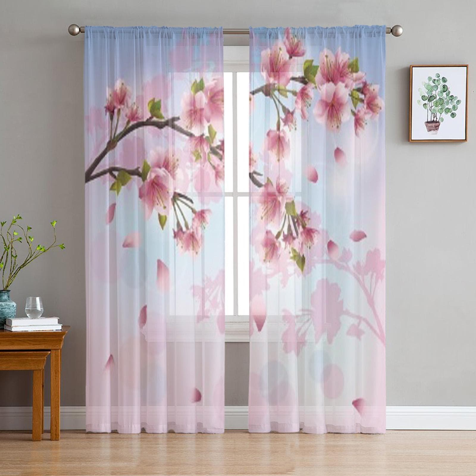 Sakura Blossom Japanese Cherry Tree Chiffon Sheer Curtains for Living Room Bedroom Window Curtain Voiles Tulle Cortinas 135W x 114H(cm)