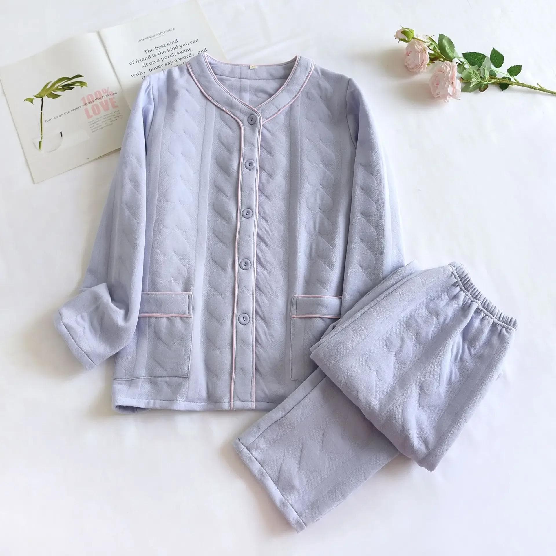 New Women's Winter Pajama Set Three Layer Cotton Cladding Thickened Long Sleeve Pants Two Piece Set Simple Home Furnishing XL