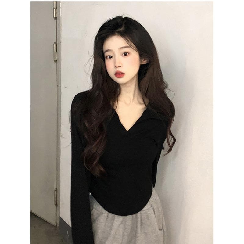 V-neck Black Long-sleeved T-shirt for Women In Autumn Design Niche Slim and Chic Top Underwear T-shirt Base Shirt XL black