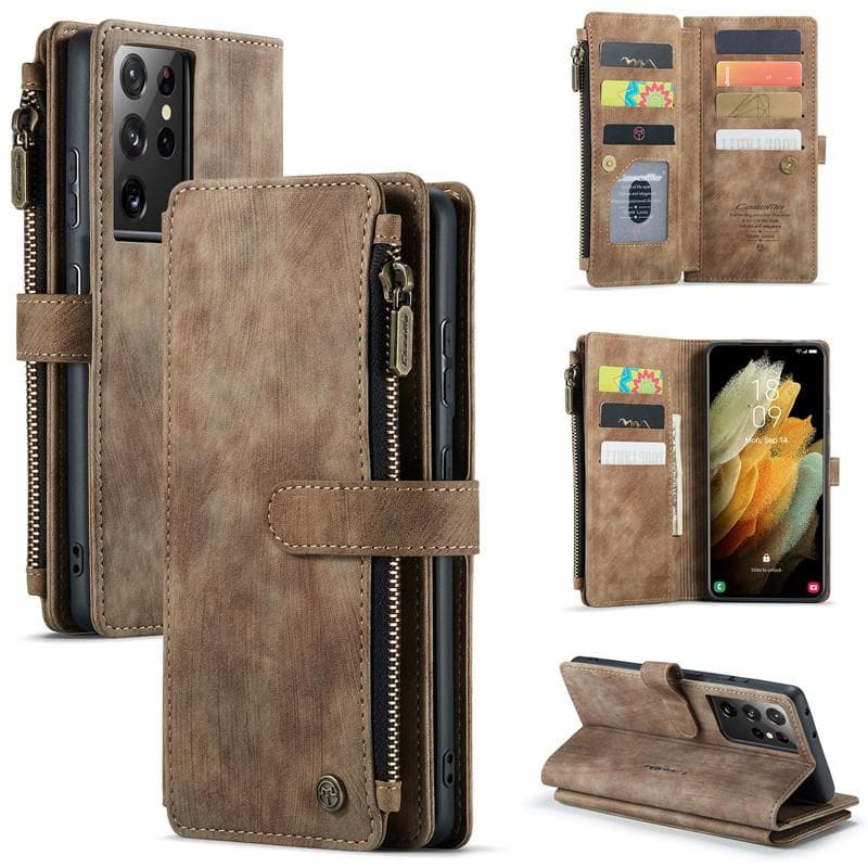 CaseMe Zipper Wallet Flip Leather Phone Case For Samsung Galaxy A17 A56 A36 A16 A55 A35 A25 A15 A54 A34 A14 A53 A33 A13 A52 A51 Purse Card Cover Coque Samsung A72 (4G 5G) brown