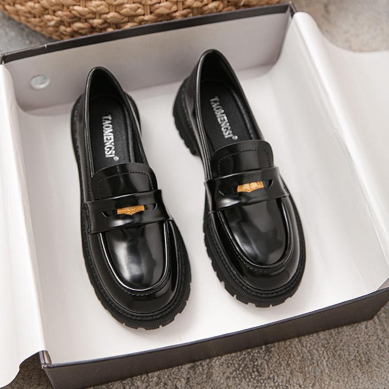 Handmade Small Gold Coin Block Heeled Platform Loafers Women's Small Leather Shoes 43 black