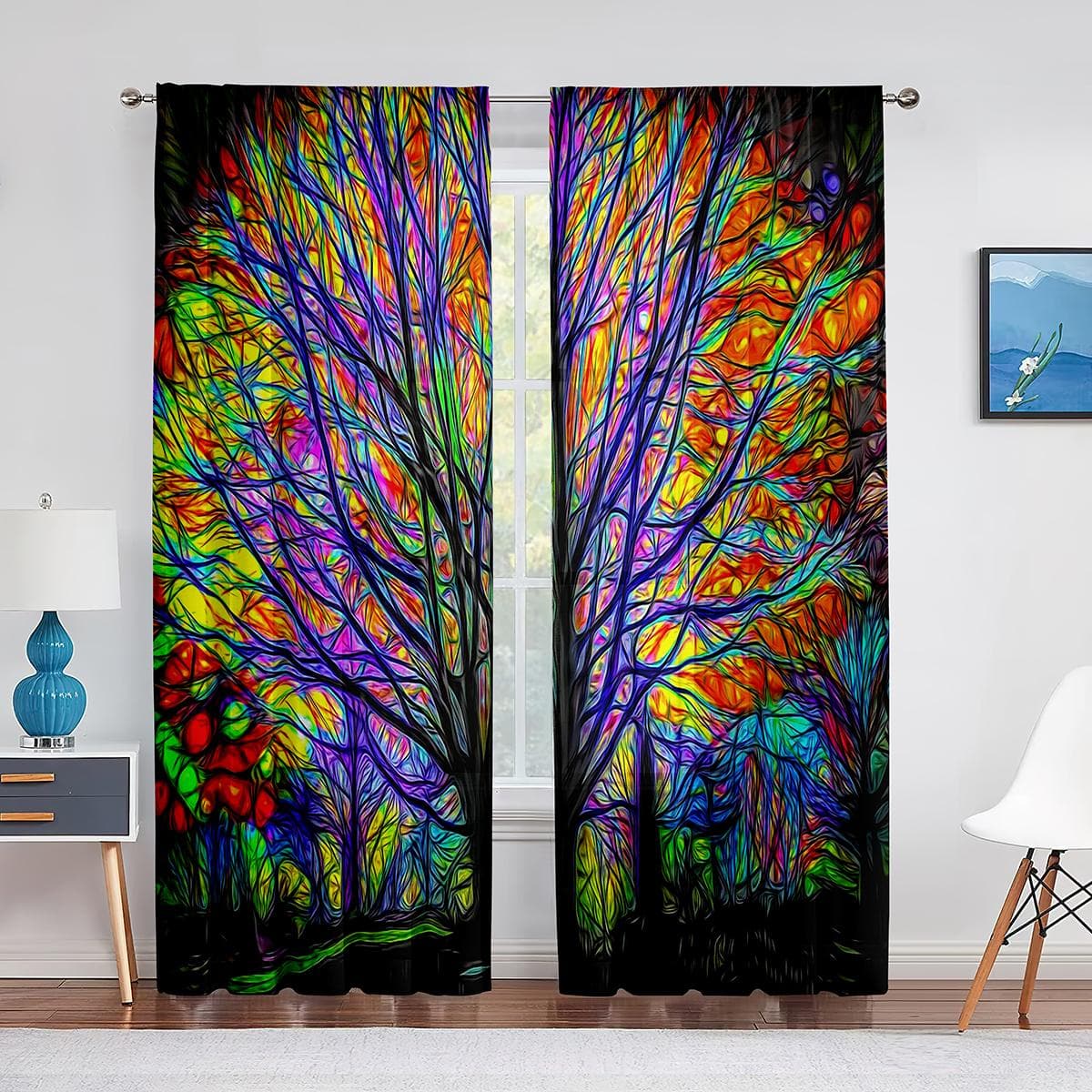 Tree of Life Themed Forest Season Nature Print Tulle Curtains for Living Room Bedroom Kitchen Chiffon Sheer Voile Window Curtain 1 PCS W100XH250cm&Grommet Top