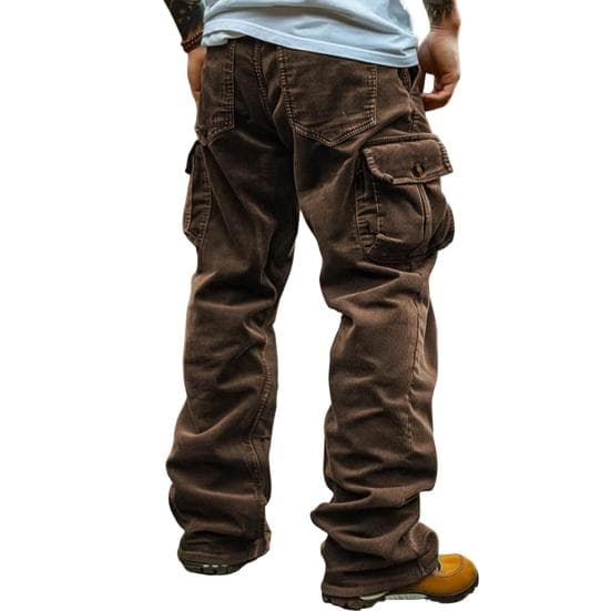 Men Cargo Pants Mid-rise Solid Color Corduroy Trousers with Multi Pockets Retro Style Casual Long Trousers M coffee