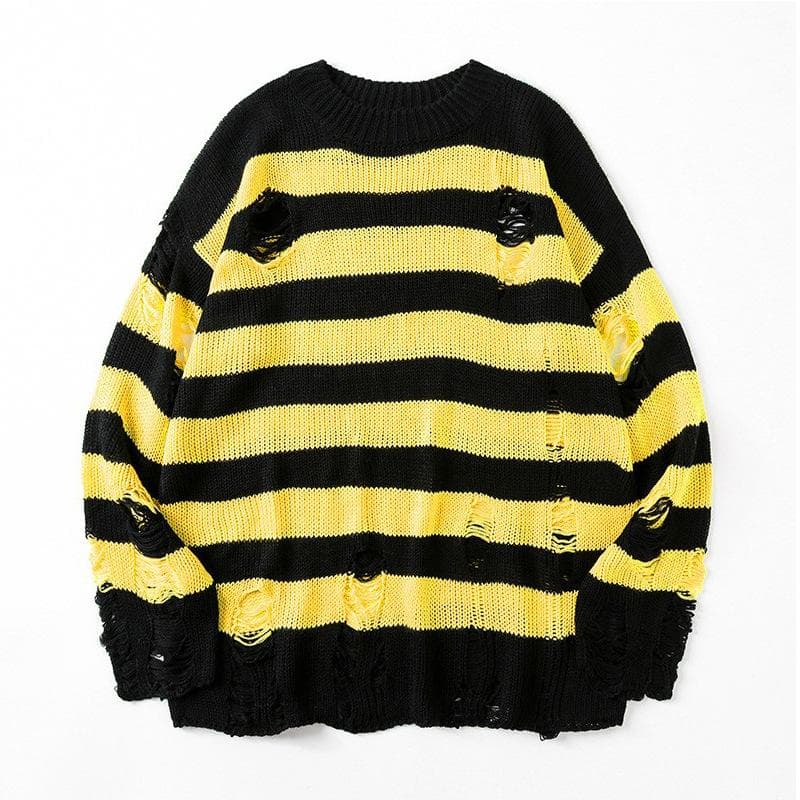 Black Stripe Sweaters Destroyed Ripped Sweater Men Pullover Hole Knit Jumpers Men Oversized Sweatshirt Harajuku Long Sleeve Tops M yellow