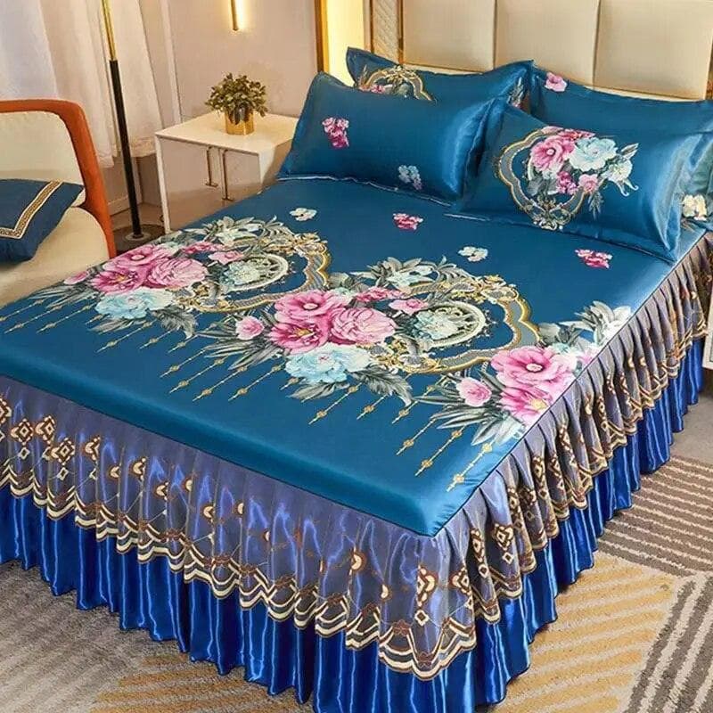 3Pcs/Lot Double Bed Sheet Set Classic Lace Royal Blue Bed Sheet Bed Skirt, Machine Washable Wedding Bedspread Mattress Cover 200X220CM