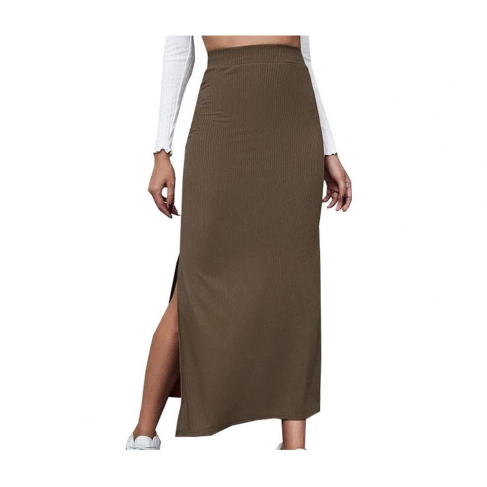 Trendy High-waisted Skirt Elegant High Waist Hip-hugging Skirt for Women Solid Color Half-body Skirt with Slit Hem for Work Wear M tan