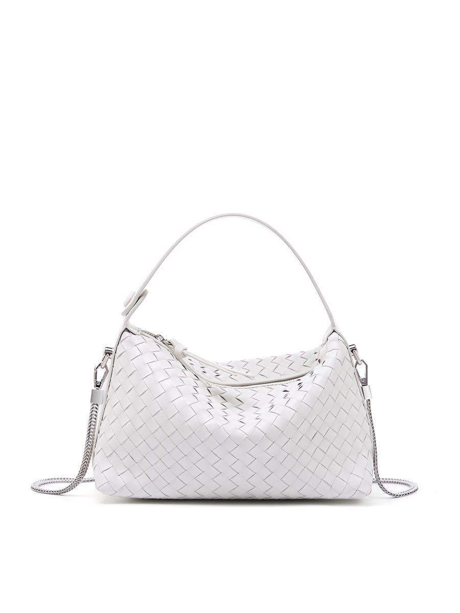 Genuine Leather Woven Dumpling Bag: Sheepskin Chain Messenger Pillow Handbag cream/white