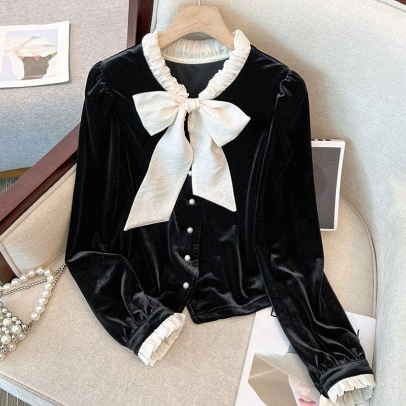 Bow Shirt for Women In Spring, Autumn, and Winter with A Sense of High-end Design, Gentle Temperament, and A Black Velvet Top with Bubble Sleeves XL black