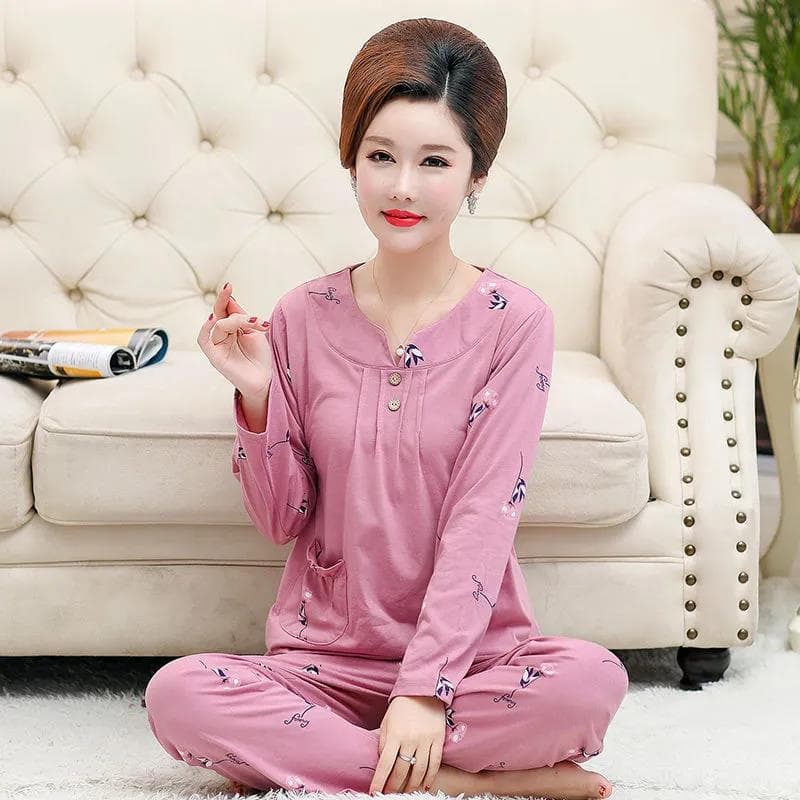 Spring and Autumn Ladies Women's Pullover Pajamas Loose and Comfortable High-quality Middle-aged Cotton Long-sleeved Trousers Home Set M