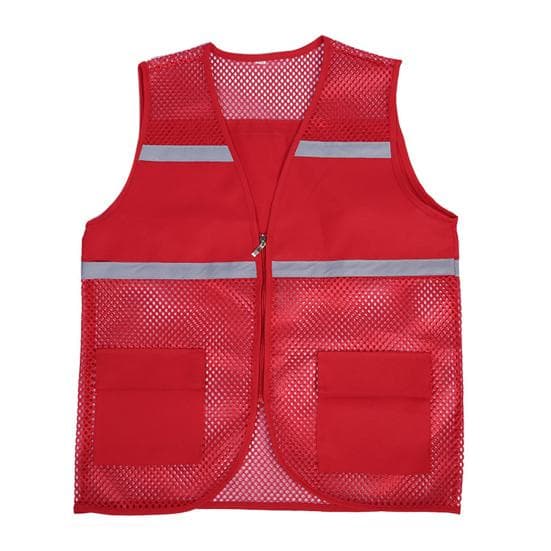 Work Vest Double Pocket Sleeveless Reflective Strip Breathable Solid Color Men Women Summer Mesh Volunteer Waistcoat Outdoor Activities M red